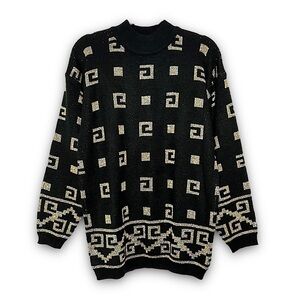 VINTAGE 80s Art Deco Gold Geometric Knit‎ Sweater Mockneck Oversized Pullover M